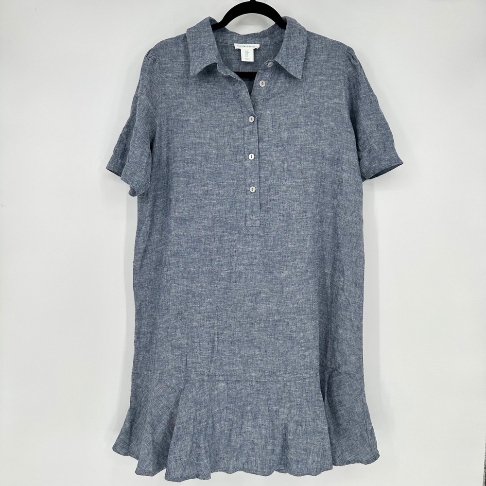 Cynthia Rowley Linen Blend Blue Chambray Preppy Peplum Ruffle Shirt Dress M